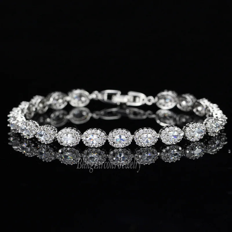 BeaQueen Brand Women Silver Color Jewelry Perfect Oval Cut Cubic Zirconia Stone Charming Tennis Bracelets Bangles B044