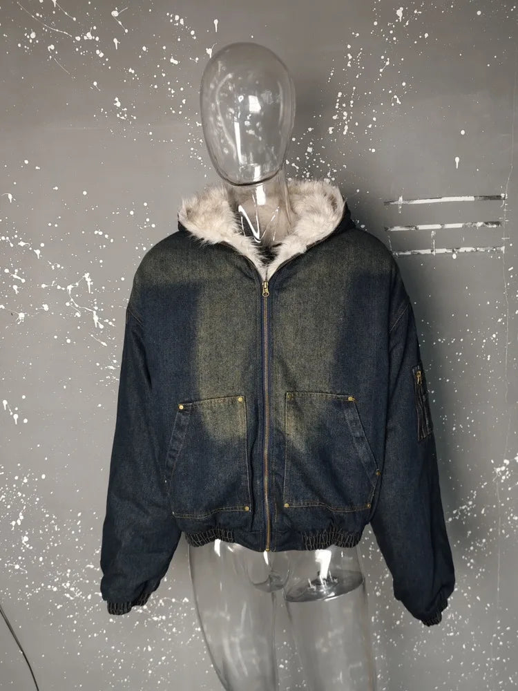 PFNW Menswear Thickened Denim Quilted Padded Jackets Autumn Winter Trend 2024 New Oversized Fur Collar Hooded Cotton-padded Coat