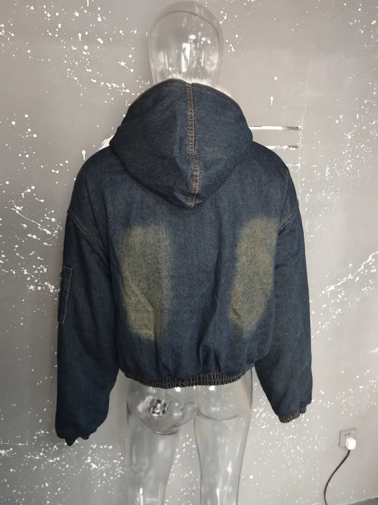 PFNW Menswear Thickened Denim Quilted Padded Jackets Autumn Winter Trend 2024 New Oversized Fur Collar Hooded Cotton-padded Coat