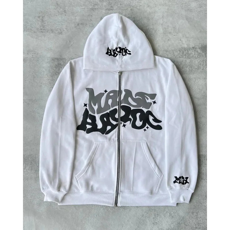 American Retro Star and Letter Printed Zipper Hoodies Women and Men Y2K Spring Autumn Section Lazy Fashion Brand Cardigan Jacket