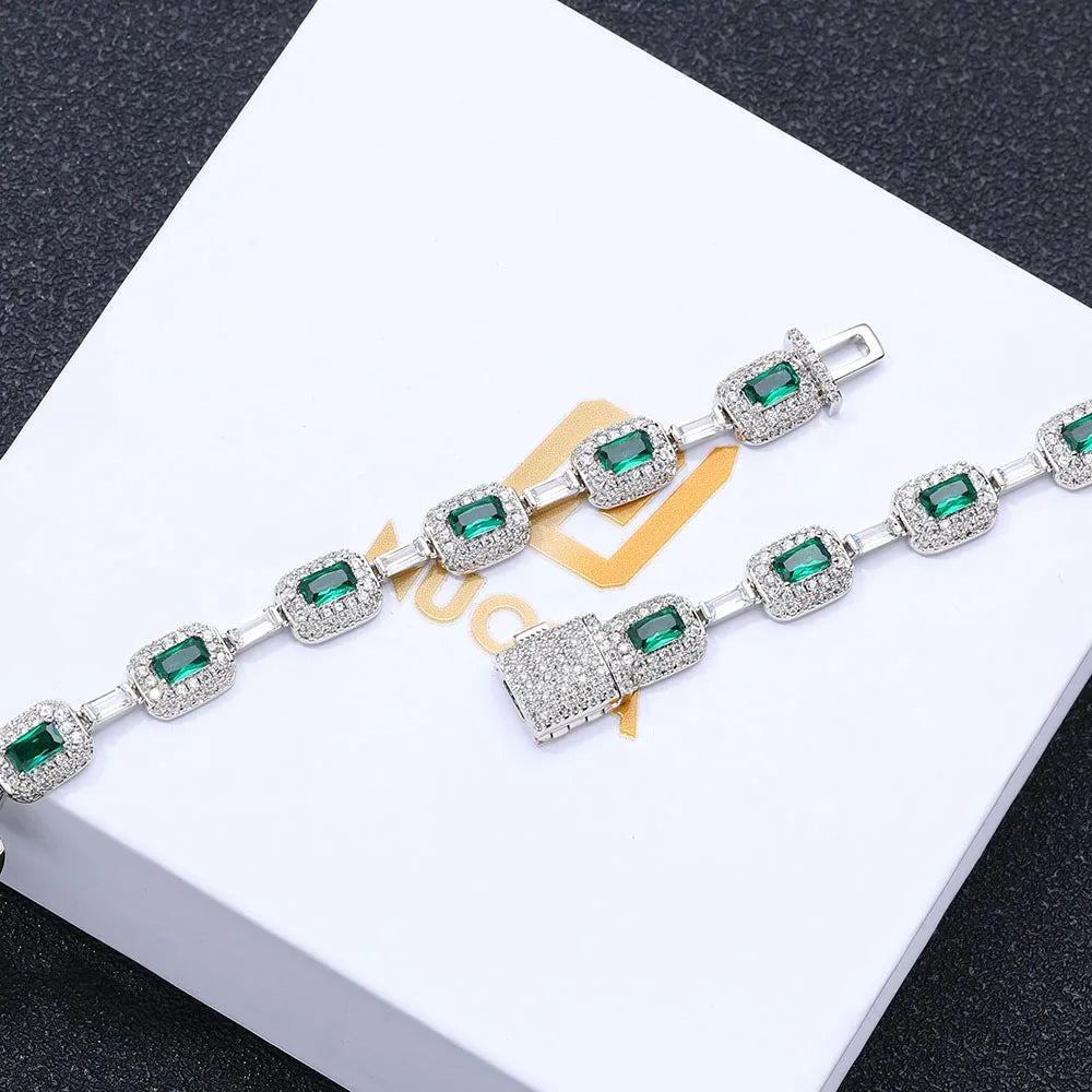 ESKEEM Fashion Jewelry Iced Emerald Cushion Cut Diamond Bracelet White Gold Inlaid Green Baguette Zircon Women's Bracelet ﻿