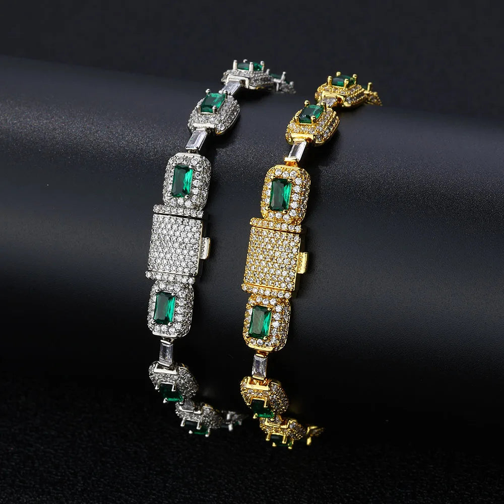 ESKEEM Fashion Jewelry Iced Emerald Cushion Cut Diamond Bracelet White Gold Inlaid Green Baguette Zircon Women's Bracelet ﻿