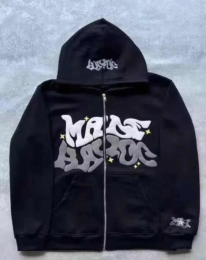 American Retro Star and Letter Printed Zipper Hoodies Women and Men Y2K Spring Autumn Section Lazy Fashion Brand Cardigan Jacket