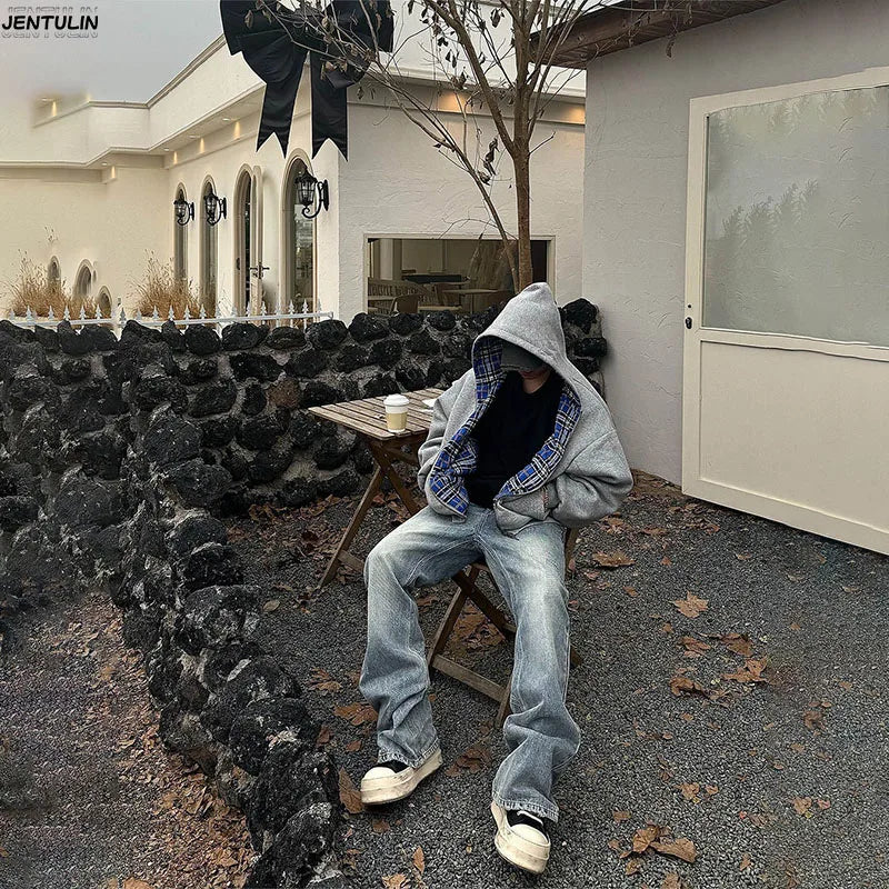 Korean Fashion Simple Gray Double-Sided Oversized Zipper Hoodie Women's Y2K New Harajuku Gothic Casual Joker Couple Street Wear